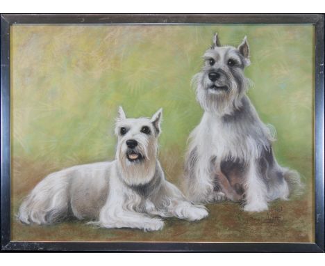 Signed 20th C. Pastel Portrait of Scottish Terriers. Signed (Joanne Ayotte) and dated (1981) lower right. Sight Size: 17.5 x 