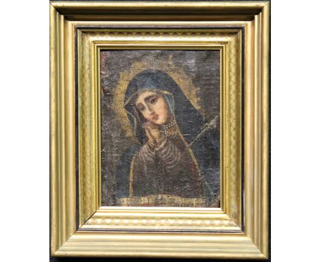 Early Antique Old Master Spanish Colonial Madonna Painting.&nbsp; Oil on canvas laid on board.&nbsp; Unsigned.&nbsp; Sight si