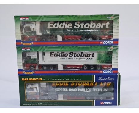 Corgi&nbsp;a boxed Eddie Stobart trio of 1/50 scale trucks to include CC13415, CC13801 and CC13405. Conditions generally appe