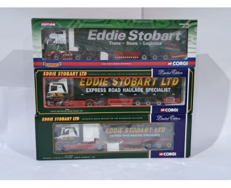 Corgi&nbsp;a boxed trio of Eddie Stobart 1/50 scale trucks to include CC14002, CC76602 and CC12802. Conditions generally appe