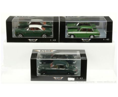 Neo Scale Models (1/43rd scale) group of 3 (1) Jaguar 3.4 Saloon - dark green; (2) Rover P5 Coupe - green, pale grey roof and