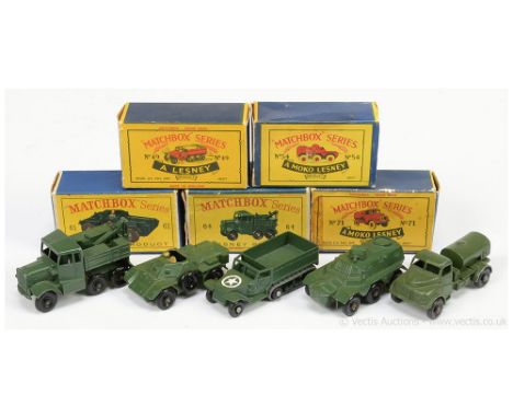 Matchbox Regular Wheels Military Issues a group to include 49a Half-Track M3 (black plastic wheels and rollers); 54a Saracen 