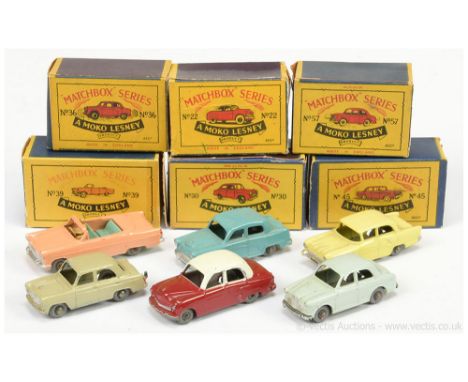 Matchbox Regular Wheels group to include 22a Vauxhall Cresta; 30a Ford Prefect; 36a Austin A50; 39a Ford Zodiac Convertible; 