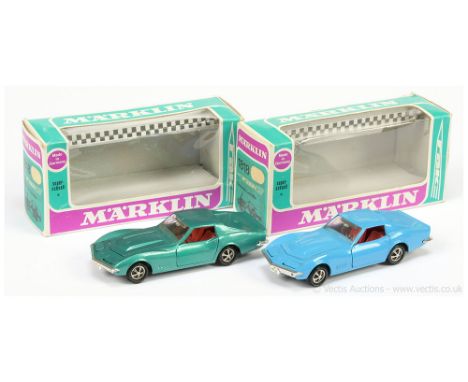 Marklin a pair (1) 1818 Chevrolet Corvette - blue, red interior, chrome trim and (2) same as (1) but green - conditions are g