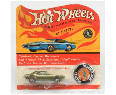 Hot Wheels (Mattel) Redline 6208 Custom Camero - metallic olive green with tinplate button/badge - overall condition is gener