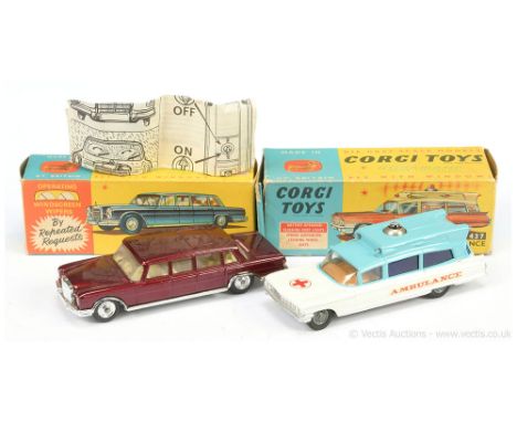 Corgi 247 Mercedes 600 Pullman - metallic maroon, pale cream interior, chrome trim, spun hubs - Good Plus (broken emblem) in 