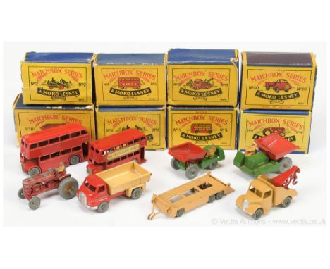 Matchbox Regular Wheels group to include 2a Site Dumper; another but 2b; 4a Massey Harris Tractor; 5a London Bus; another but