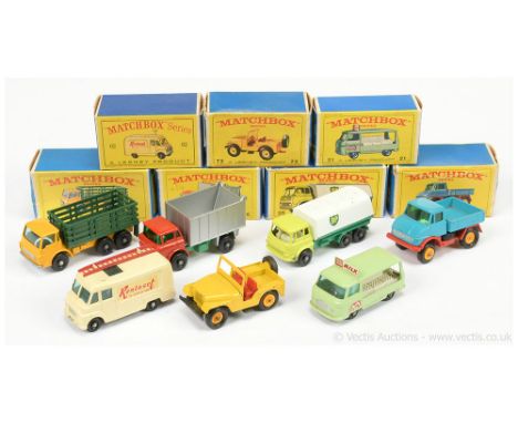 Matchbox Regular Wheels 4d Dodge Stake Truck; 21c Commer Bottle Float (twin rivet base); 25c Bedford "BP" Petrol Tanker; 26c 