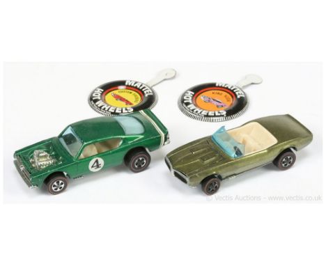 Hot Wheels (Mattel) Redline a pair (1) Custom Firebird and (2) King Cuda - both come with tinplate button/badges - conditions