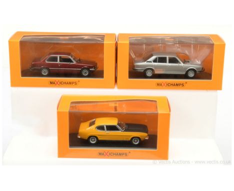 Minichamps (1/43rd scale) group of 3 (1) Ford Capri RS (Mark 1) - yellow, black bonnet and interior; (2) BMW 323i - metallic 