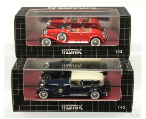 Matrix (1/43rd scale) MX40406 Duesenberg Torpedo Phaeton - red, chrome trim, whitewall tyres and MX50307 Cord Limousine - blu