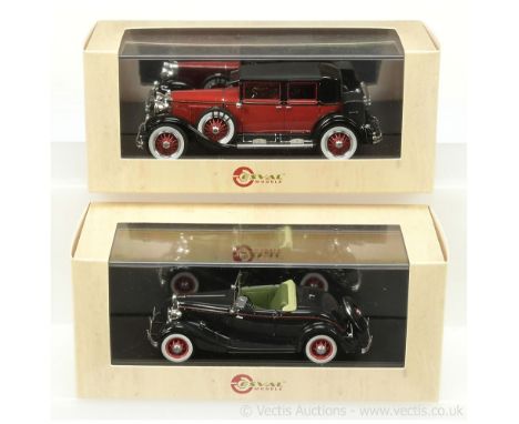 Esval Models (1/43rd scale) a pair (1) Ford 40 Roadster 1933 - dark blue, red stripes, whitewall tyres and (2) Cadillac Serie