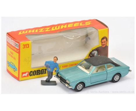Corgi 313 Ford Cortina GXL "Graham Hill" - metallic aqua, black roof, off-white interior, chrome trim, black base with Whizzw