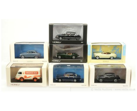 Norev (1/43rd scale) group of 7 to include (1) Borgward Isabella; (2) Jaguar XK140 Roadster; (3) Citroen DS23; (4) Lancia Ann