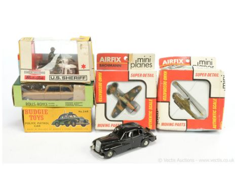 Britains 9692 "US Sheriff" Harley Davidson Motorcycle; Budgie Toys 246 "Police Wolseley" Car - black (missing aerial); Airfix