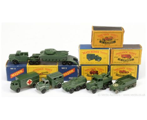 Matchbox Regular Wheels Military Issues a group to include 49a Half-Track M3 (metal rollers with grey plastic wheels); 54a Sa