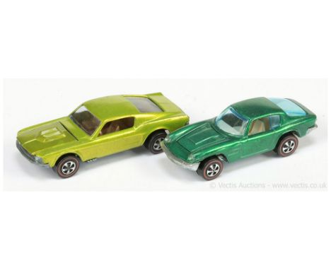 Hot Wheels (Mattel) Redline 6206 Custom Mustang - metallic lime and 6277 Maserati Mistral - metallic green - conditions are g