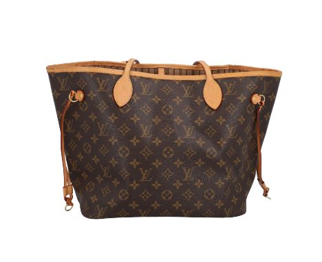 LOUIS VUITTON Shopper "NEVERFULL MM", Koll. 2017. Akt. NP.: 1.250,-€. Monogram Canvas Serie mit naturbelassenem Leder und gol