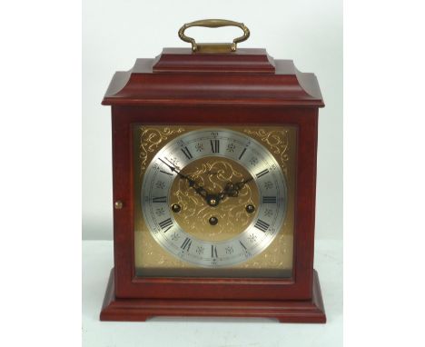 GEORGIAN STYLE MODERN WEST GERMANY 'RAPPORT' MAHOGANY MANTEL CLOCK, the 7" engraved brass dial with silvered chapter ring, po