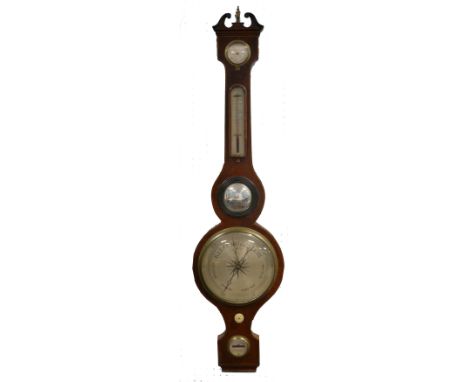 NINETEENTH CENTURY LINE INLAID MAHOGANY BANJO BAROMETER, signed C. Borelli, Farnham, the 8" silvered dial,  housed in a typic