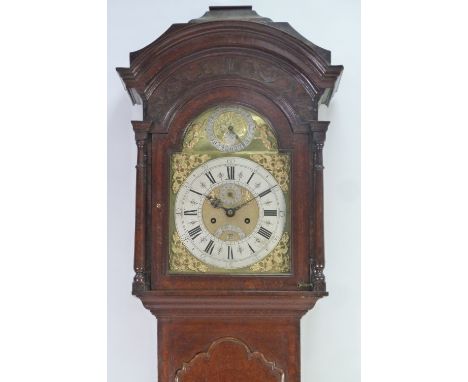 EIGHTEENTH CENTURY INLAID OAK LONGCASE CLOCK, signed John Hough, Knutsford, (1696-1755), the 12" brass dial with silvered cha