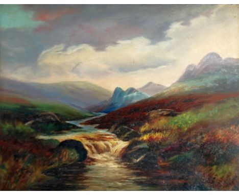 E. MORGAN OIL PAINTING ON CANVAS LAID DOWN High moorland landscape with stream and small waterfall in the foreground signed a