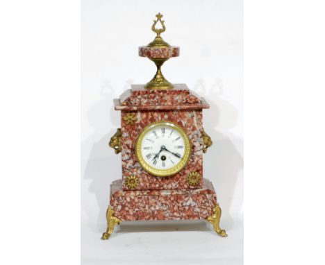 EARLY TWENTIETH CENTURY PINK VEINED MARBLE GILT METAL MOUNTED MANTLE CLOCK, enamelled roman dial, the stepped case topped wit