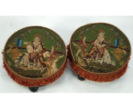 PAIR OF VICTORIAN MAHOGANY TAMBOUREE FOOT STOOLS, typical form with turned supports and portrait beadwork covers (a.f.), 6" (