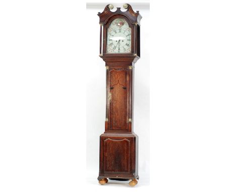 LATE 18th CENTURY OAK AND MAHOGANY CROSSBANDED LONGCASE CLOCK, the 10" painted dial with scroll spandrels and scrolled panel 