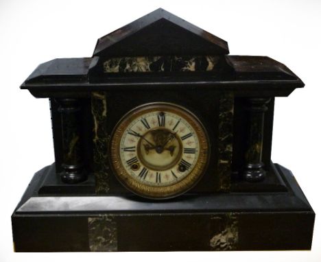 VICTORIAN BLACK SLATE MANTEL CLOCK, the 5" dial with visible brocot escapement to the centre, powered by an eight day movemen