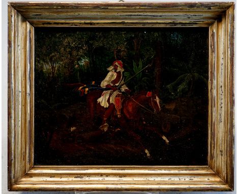Weininger, R.: Berittener Orientale auf der FluchtÖl auf Holzpanel, unten rechts sign. und dat. "R Weininger 1838", 21x16,5cm