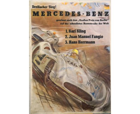 Rennplakat "Mercedes Benz -grosser Preis v. Berlin " Autogramme Fangio etc.Offsetdruck auf Papier , auf pappe doubliert, well