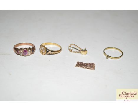 A 9ct gold ring set with amethyst and sea pearls; an 18ct gold ring set with pearls (1 missing) and other items