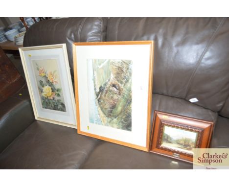 A watercolour study of roses by Jack Carter 1976; a watercolour of a landscape scene initialled R.M.; and a small overpainted