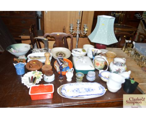 A quantity of various items to include a Denby "Greenwheat" tureen; various pottery jugs; pewter candelabra; cast iron last; 