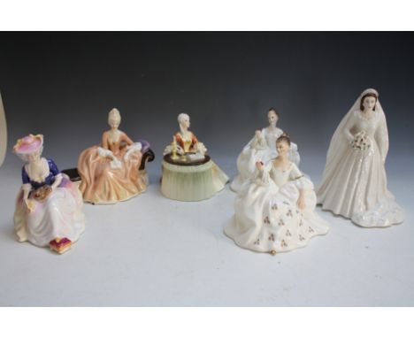FIVE ROYAL DOULTON FIGURES CONSISTING OF KATHLEEN,  Meditation, Reverie and  two 'My Love', together with Royal Worcester Que