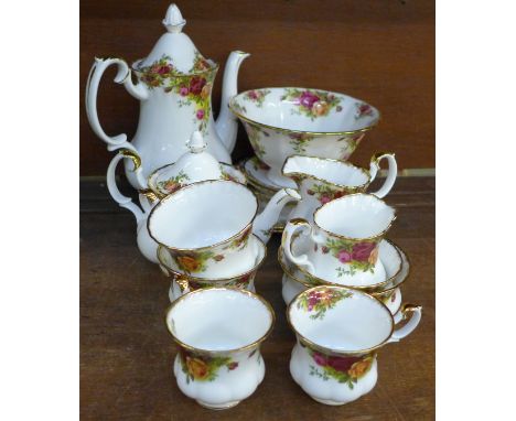 Royal Albert Old Country Roses tea and coffee set, two tea cups, two saucers, two coffee cups and saucers, a teapot and a cof