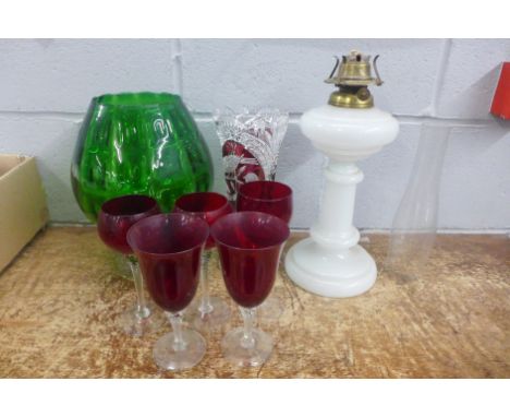 A vintage Hofbauer Bryrds crystal vase, ruby red, Cranberry and clear tulip wine glasses, a Mid Century emerald hand blown ar