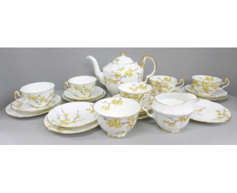 An Adderley fine bone china Chinese Blossom part tea set, five cups, seven saucers and tea plates, cream, sugar and teapot, o