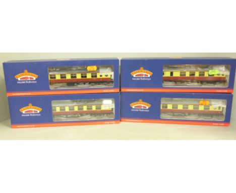 Four Bachmann Branch-Line porthole coaches, all crimson and cream, boxed 