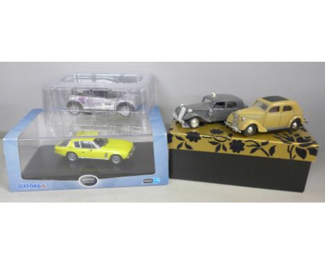 A Mini Cooper, Oxford Jensen Interceptor, a Dinky Toys car and Solido 