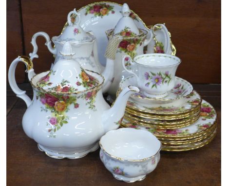 Royal Albert Old Country Roses coffee pot, teapot, six tea and side plates and two sandwich plates, Tranquility pattern coffe