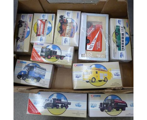 Ten Corgi Classics model vehicles, trams, buses, commercial vehicles, all boxed 