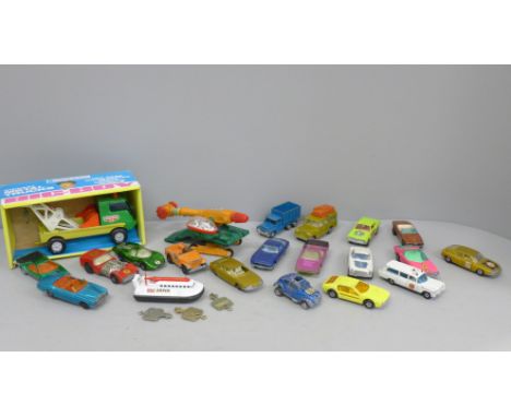Die-cast model vehicles including Matchbox and Hot Wheels and a rare 1970s UFO Rock Commander 7 cutter 