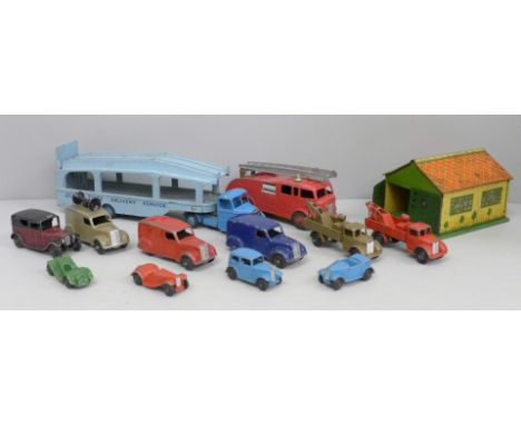 A collection of vintage Dinky Toys die-cast model vehicles and Meccano tin plate garage 