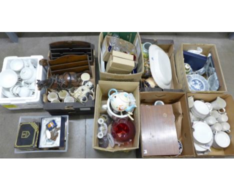 Nine boxes of assorted glass and china including Poole, collectors spoons, Royal commemorative mugs, two wooden letter racks,