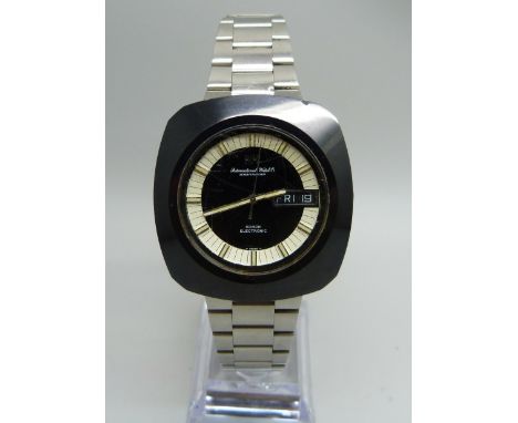 A gentleman's black tungsten steel IWC Schaffhausen Edison Electronic day/date wristwatch, circa 1970s with replacement IWC s