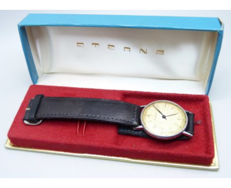 A gentleman's Eterna wristwatch, boxed, 29mm case, lacking crown and glass 