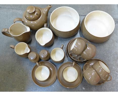 Denby Pampas pottery; a teapot, seven cups, six saucers, salt and peper pots, 7" tureen, (no lid), bowl, gravy boat and sauce