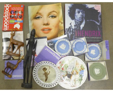 A carved wooden sculpture, Wedgwood Jasperware, a Jimi Hendrix CD set, Marily Monroe book, etc. **PLEASE NOTE THIS LOT IS NOT